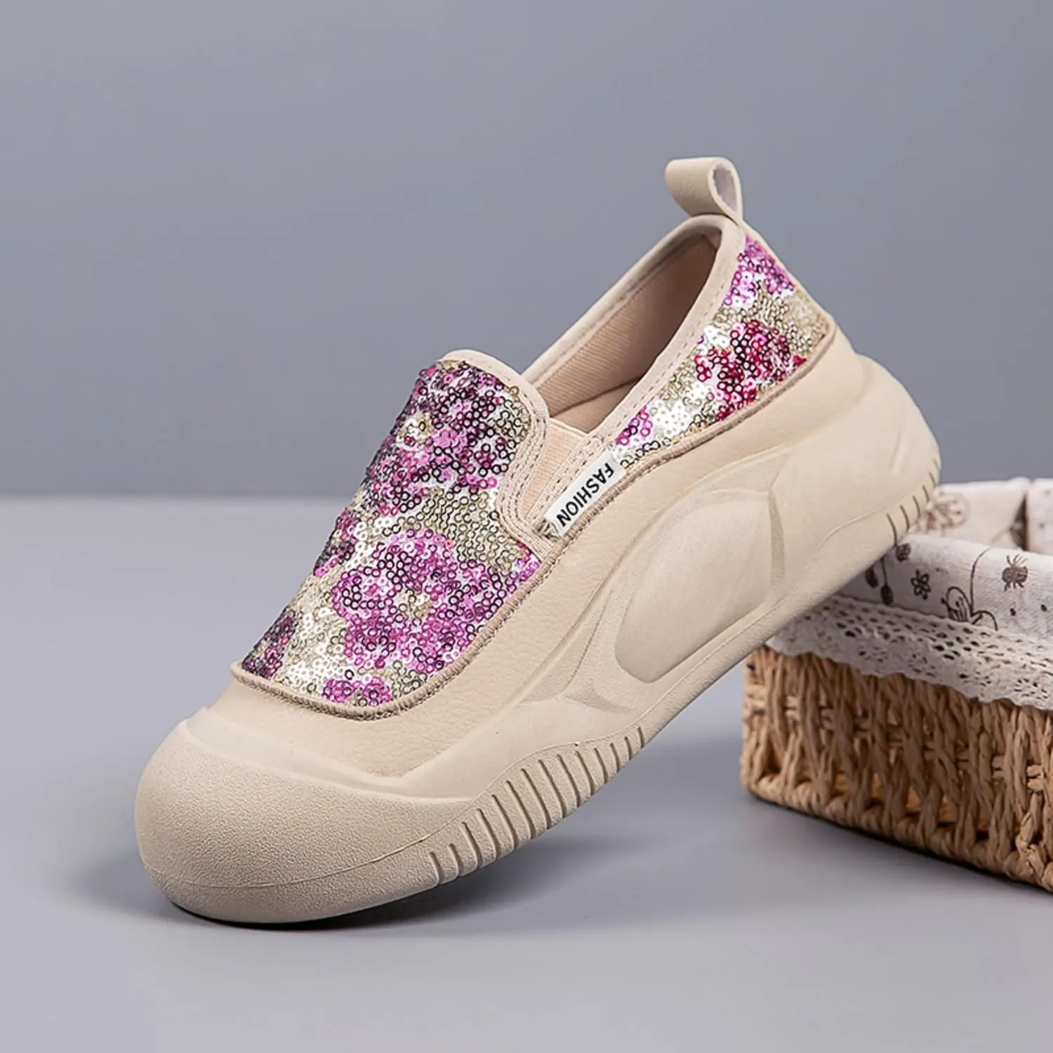 Women's Glitter Sequins Loafers Thick Sole Slip-On Casual Sneakers