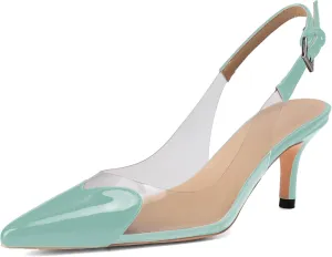 Women's Kitten Heel Transparent Slingback Pumps Pointed Toe Clear PVC Slip On Backless Cap Toe Cute Heart Mid Heel Patent Leather Elegant Sexy Slingbacks Heels