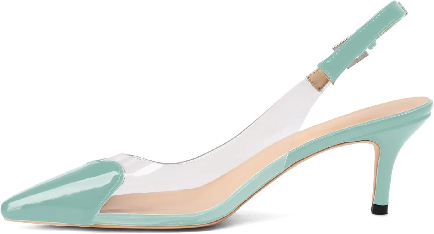 Women's Kitten Heel Transparent Slingback Pumps Pointed Toe Clear PVC Slip On Backless Cap Toe Cute Heart Mid Heel Patent Leather Elegant Sexy Slingbacks Heels