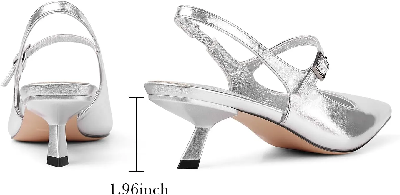 Womens Kitten Heels Closed Toe Pointed Toe Elastic Slingback Heels Women Pumps Wedding Dress Shoes