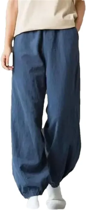 Womens Korean Cotton Linen Bloomers High Waist Wide Leg Casual Elastic Ankle-Length Pants