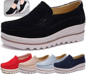 Women's Leather Platform Loafers Faux Suede Comfort Moccasins Comfortable Thick Soled Breathable Loafers，Wide Low Top Shoes Business Casual Walking Shoes