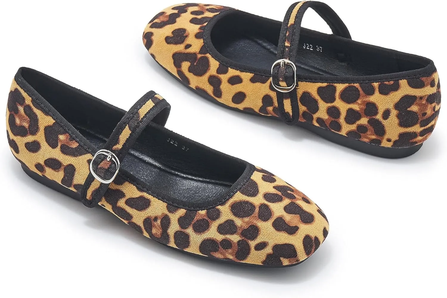 Women's Leopard Print Mary Jane Flats Square Toe Suede Ballet Flats for Women Buckle Strap Comfortable Fall Ballerina Shoes