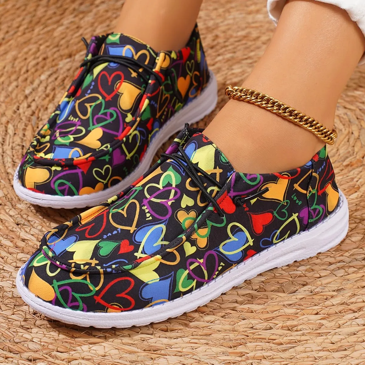 Women's Low Top Outdoor Walking Loafers Printing Slip On Breathable Canvas Loafers Round Toe Boat Shoes Casual Comfortable Lightweight Lace Up Shoes