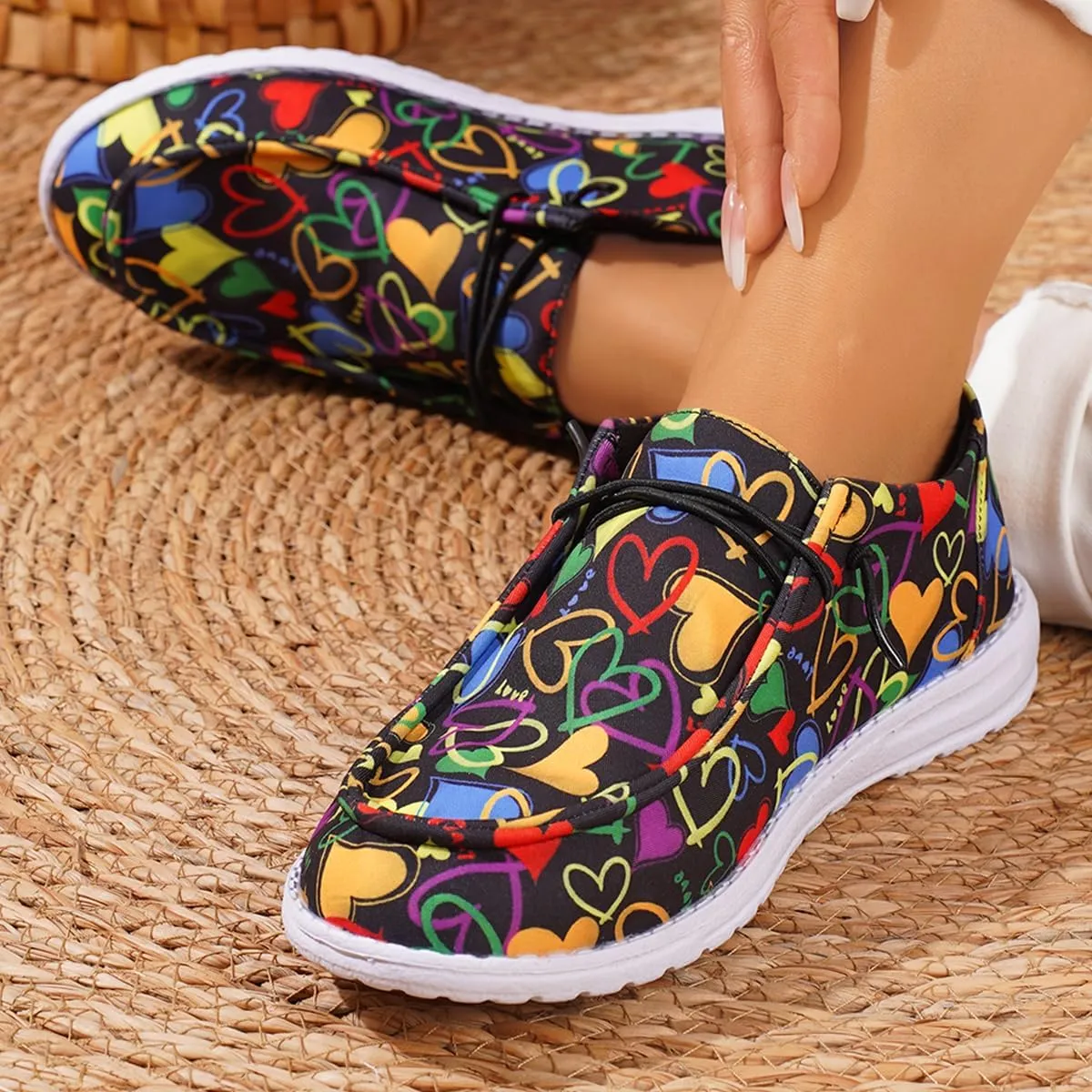 Women's Low Top Outdoor Walking Loafers Printing Slip On Breathable Canvas Loafers Round Toe Boat Shoes Casual Comfortable Lightweight Lace Up Shoes