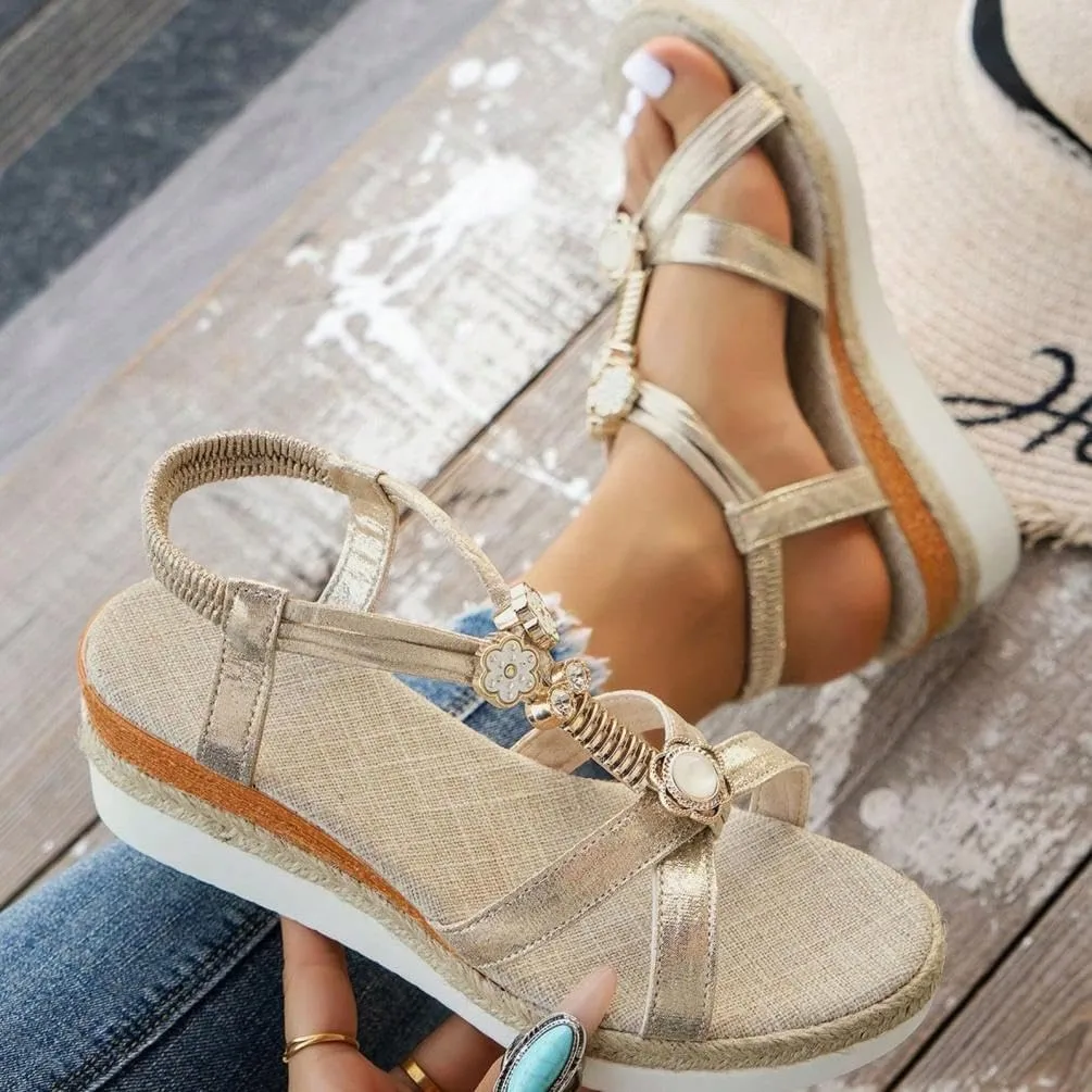 Womens Low Wedge Heels Sandals Shoes,Wide Width Platform Wedge Sandals for Women Summer Dressy,Comfort Walking Non Slip Casual Summer Beach Sandals Ankle Elastic Bohemian Woven Sandals