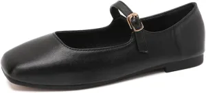 Women's Mary Jane Ballet Flats, Pink Leather, Square Toe, Buckle Strap