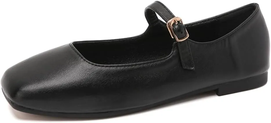 Women's Mary Jane Ballet Flats, Pink Leather, Square Toe, Buckle Strap