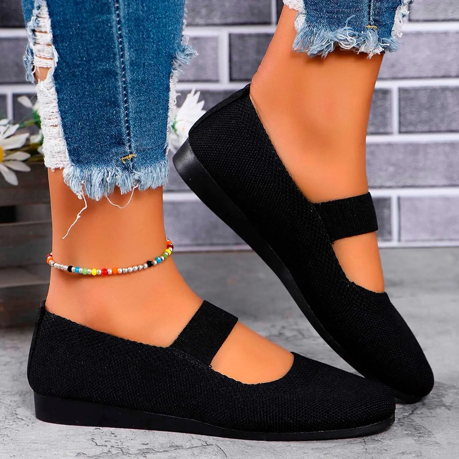 Women's Mary Jane Ballet Flats - Pointed Toe Knit Slip-On Shoes with Adjustable Strap, Breathable & Cushioned Comfort for Business Casual, Office & Everyday Wear