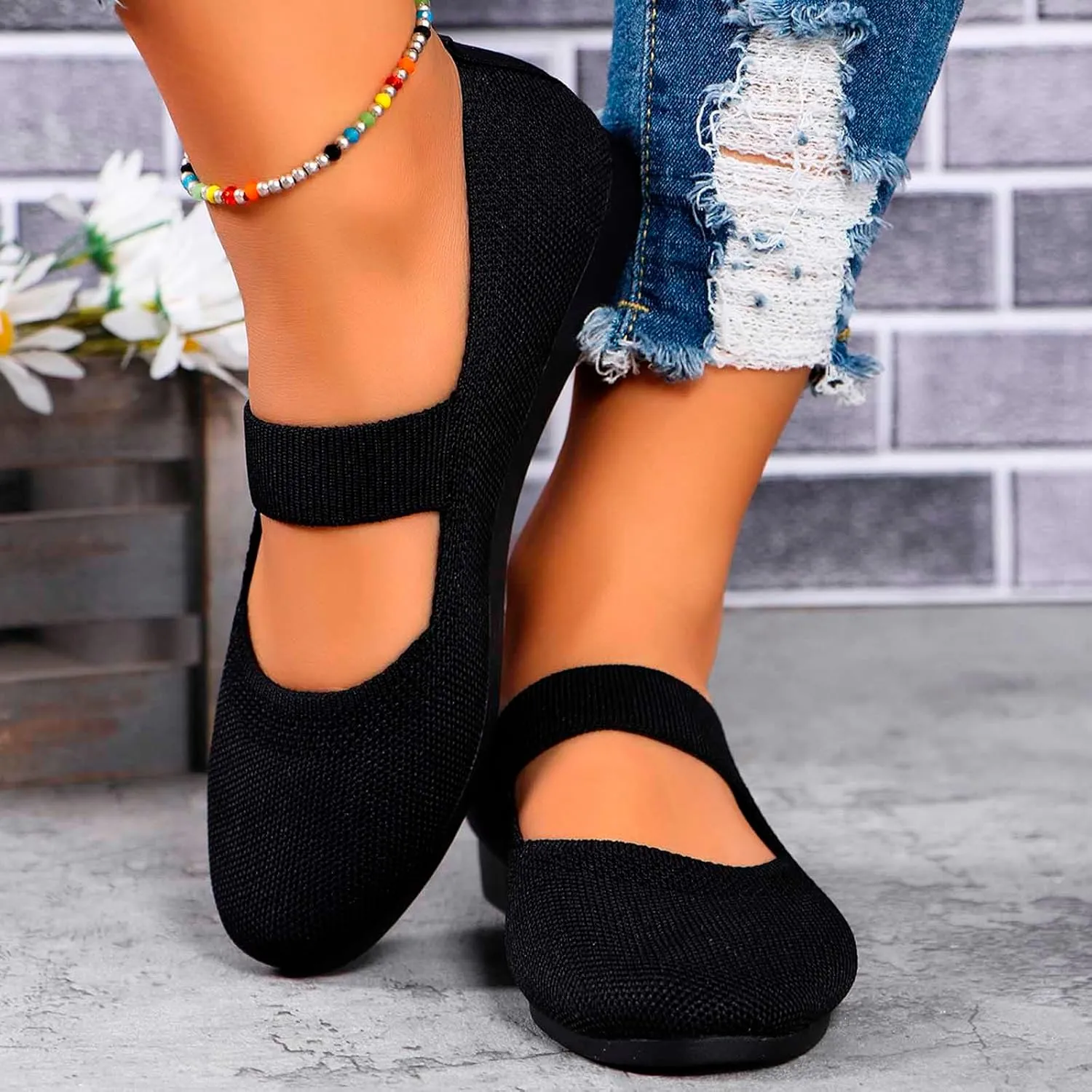 Women's Mary Jane Ballet Flats - Pointed Toe Knit Slip-On Shoes with Adjustable Strap, Breathable & Cushioned Comfort for Business Casual, Office & Everyday Wear