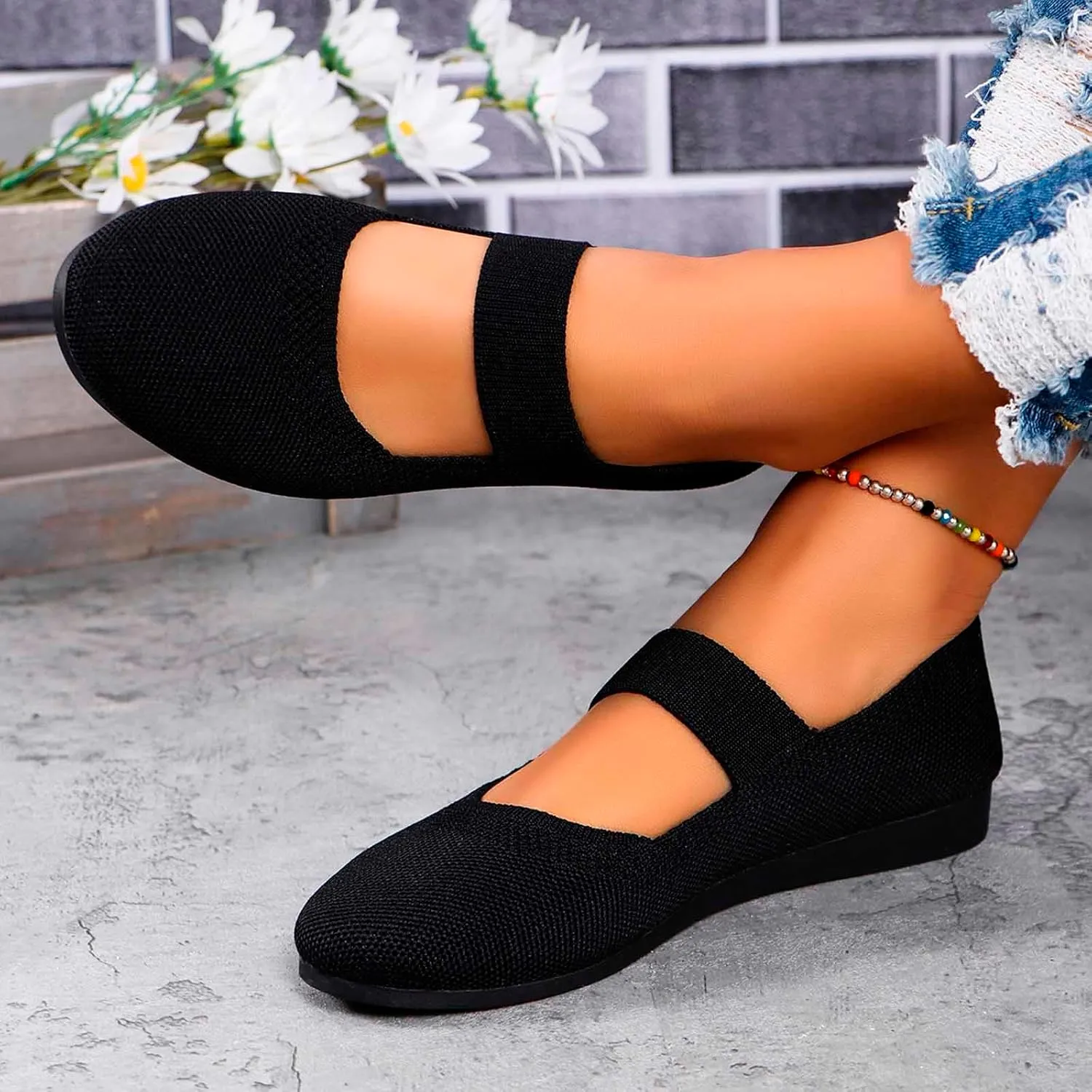Women's Mary Jane Ballet Flats - Pointed Toe Knit Slip-On Shoes with Adjustable Strap, Breathable & Cushioned Comfort for Business Casual, Office & Everyday Wear