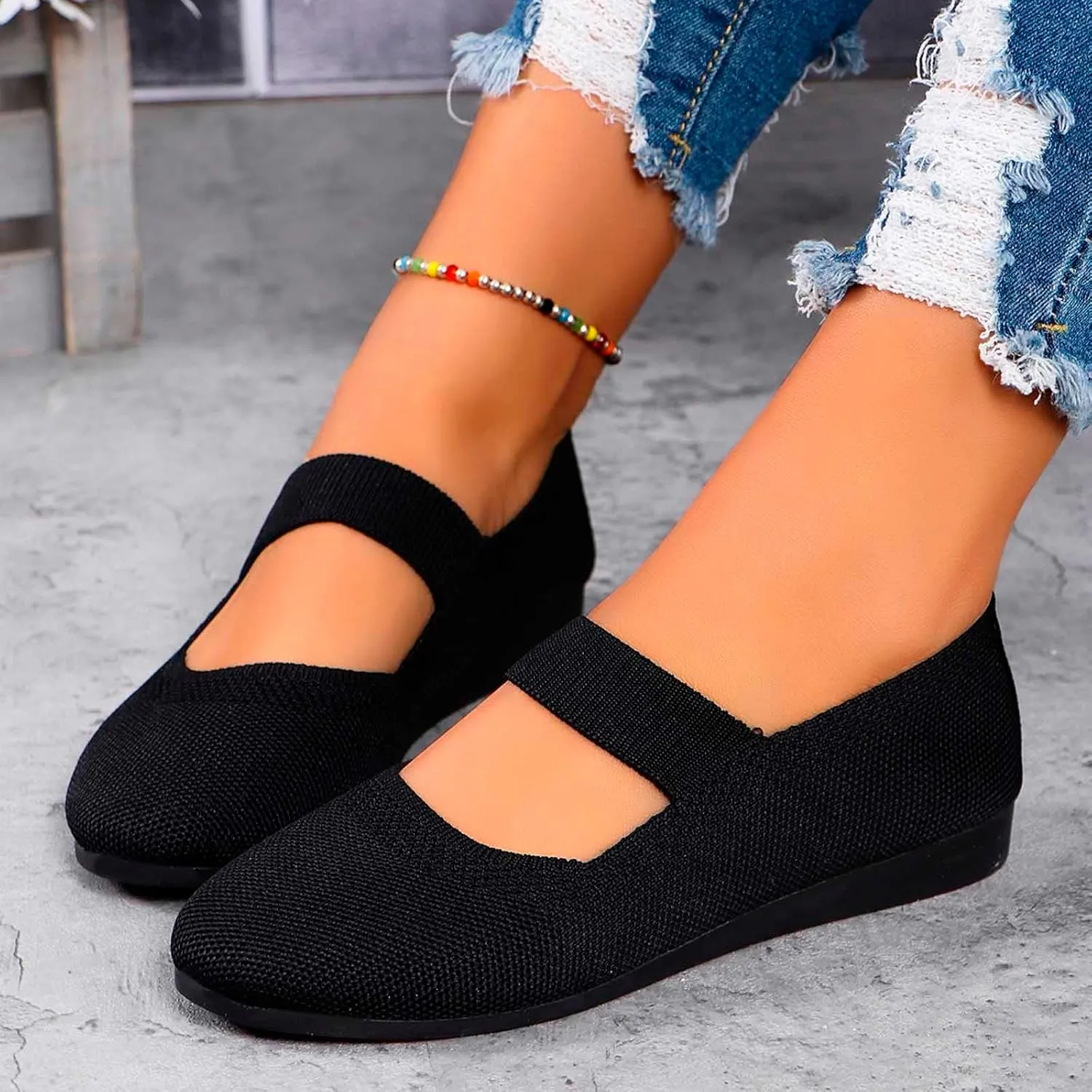 Women's Mary Jane Ballet Flats - Pointed Toe Knit Slip-On Shoes with Adjustable Strap, Breathable & Cushioned Comfort for Business Casual, Office & Everyday Wear