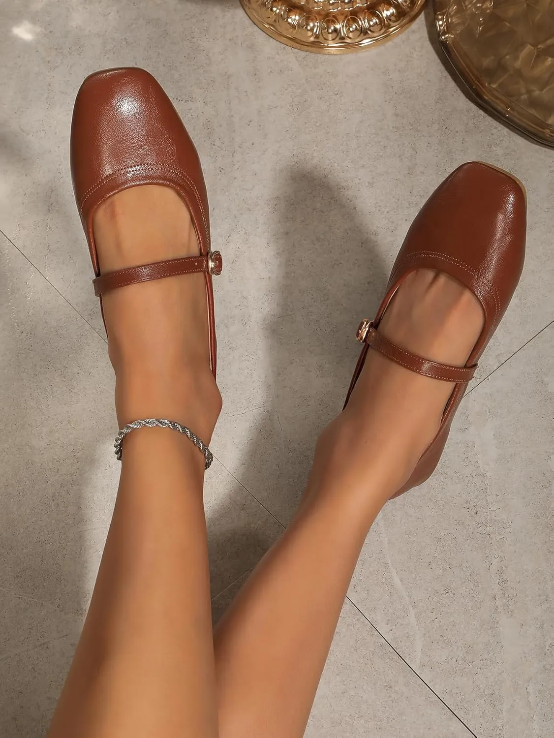 Women's Mary Jane Flat Shoes Square Toe Dressy Ballet Flat for Women Soft Slip On Gold Brown Flats Daily Party Office Shoes with Easy Buckle