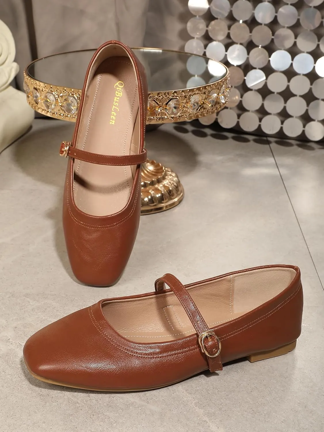 Women's Mary Jane Flat Shoes Square Toe Dressy Ballet Flat for Women Soft Slip On Gold Brown Flats Daily Party Office Shoes with Easy Buckle