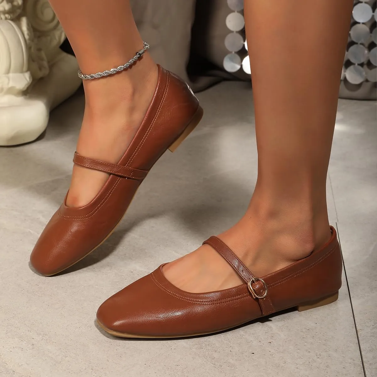Women's Mary Jane Flat Shoes Square Toe Dressy Ballet Flat for Women Soft Slip On Gold Brown Flats Daily Party Office Shoes with Easy Buckle