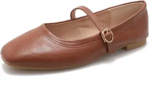 Women's Mary Jane Flat Shoes Square Toe Dressy Ballet Flat for Women Soft Slip On Gold Brown Flats Daily Party Office Shoes with Easy Buckle