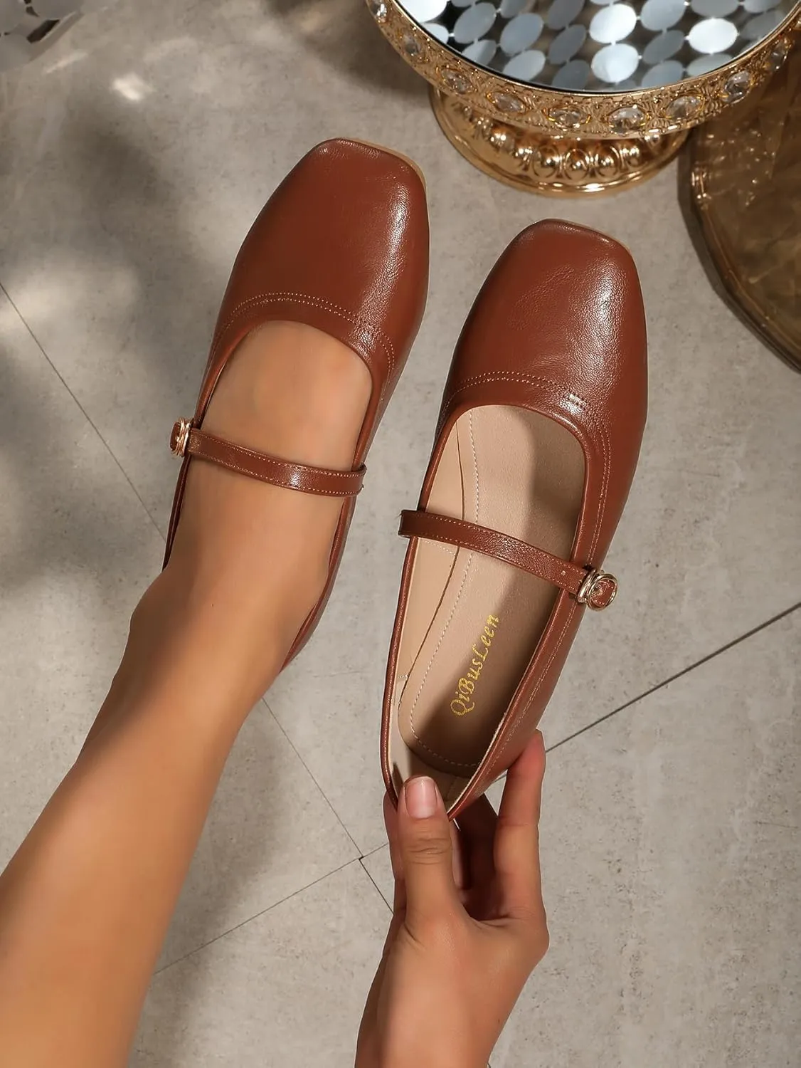 Women's Mary Jane Flat Shoes Square Toe Dressy Ballet Flat for Women Soft Slip On Gold Brown Flats Daily Party Office Shoes with Easy Buckle