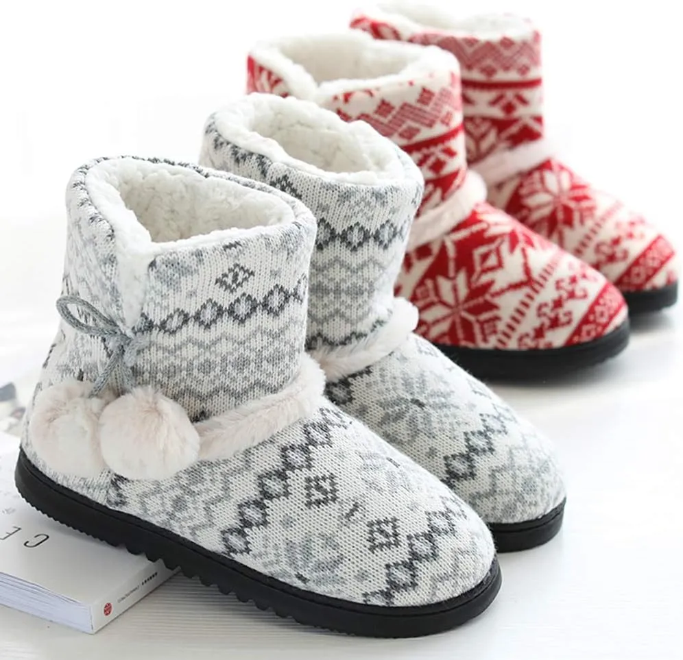 Women's Men's Bootie Slippers Indoor Outdoor Warm House Slippers Memory Foam Fleece Booties Pom Poms Anti-Slip High Top House Booties (Size 4-9.5 US)