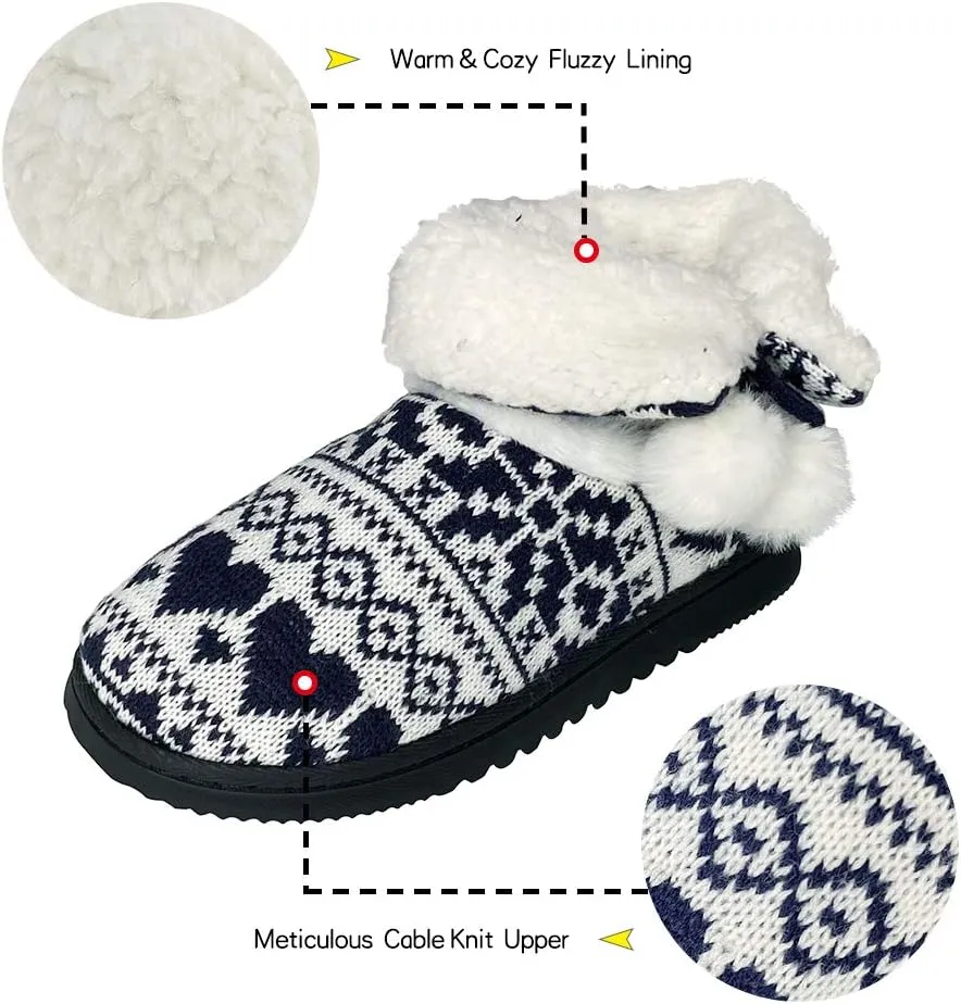 Women's Men's Bootie Slippers Indoor Outdoor Warm House Slippers Memory Foam Fleece Booties Pom Poms Anti-Slip High Top House Booties (Size 4-9.5 US)