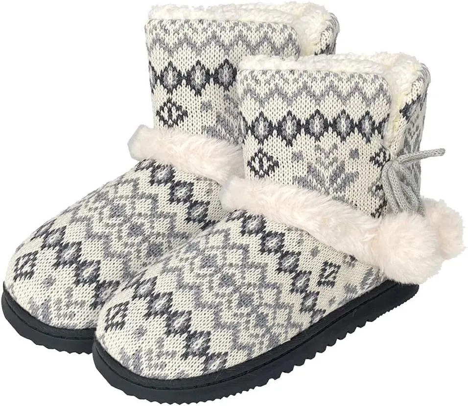 Women's Men's Bootie Slippers Indoor Outdoor Warm House Slippers Memory Foam Fleece Booties Pom Poms Anti-Slip High Top House Booties (Size 4-9.5 US)