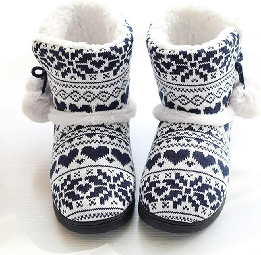 Women's Men's Bootie Slippers Indoor Outdoor Warm House Slippers Memory Foam Fleece Booties Pom Poms Anti-Slip High Top House Booties (Size 4-9.5 US)
