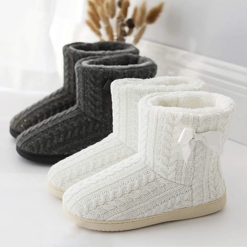 Women's Men's Bootie Slippers Indoor Outdoor Warm House Slippers Memory Foam Fleece Booties Pom Poms Anti-Slip High Top House Booties (Size 4-9.5 US)