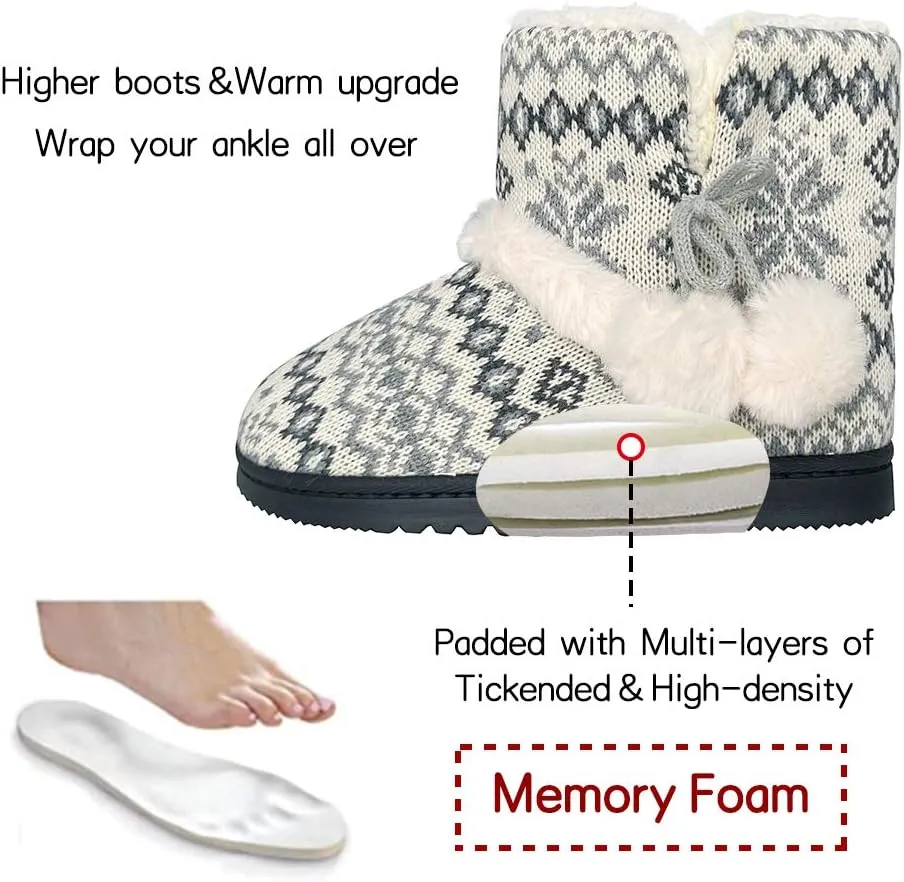 Women's Men's Bootie Slippers Indoor Outdoor Warm House Slippers Memory Foam Fleece Booties Pom Poms Anti-Slip High Top House Booties (Size 4-9.5 US)