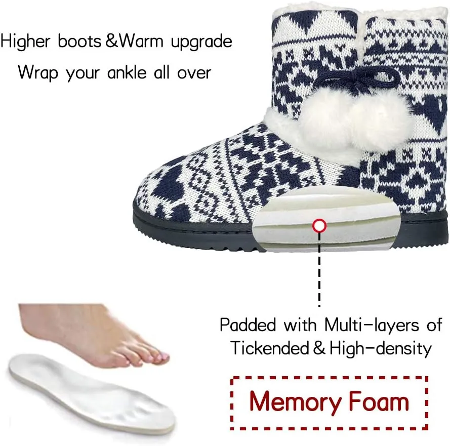 Women's Men's Bootie Slippers Indoor Outdoor Warm House Slippers Memory Foam Fleece Booties Pom Poms Anti-Slip High Top House Booties (Size 4-9.5 US)