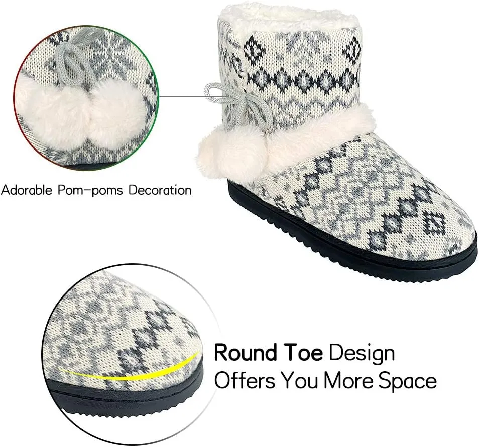 Women's Men's Bootie Slippers Indoor Outdoor Warm House Slippers Memory Foam Fleece Booties Pom Poms Anti-Slip High Top House Booties (Size 4-9.5 US)