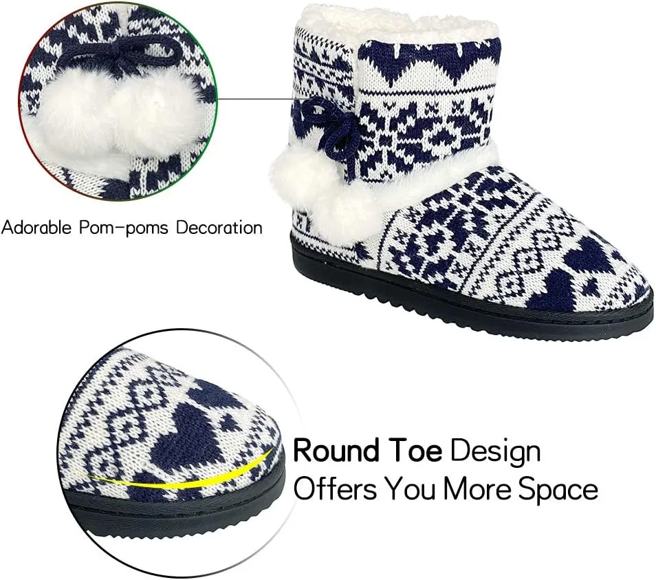 Women's Men's Bootie Slippers Indoor Outdoor Warm House Slippers Memory Foam Fleece Booties Pom Poms Anti-Slip High Top House Booties (Size 4-9.5 US)