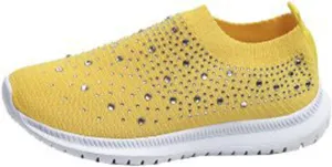 Women's Mesh Walking Shoes, Rhinestone Glitter Breathable Slip-on Loafers Non-Slip Orthopedic Sneaker (Yellow,8)