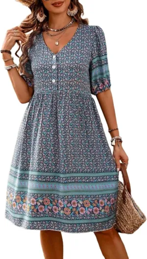 Women's Navy Boho Floral Print Button-Down Midi Dress 2025 Spring Casual Boho Chic Garden Party Wearing Dresses
