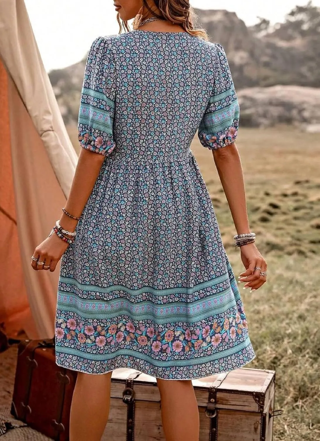 Women's Navy Boho Floral Print Button-Down Midi Dress 2025 Spring Casual Boho Chic Garden Party Wearing Dresses