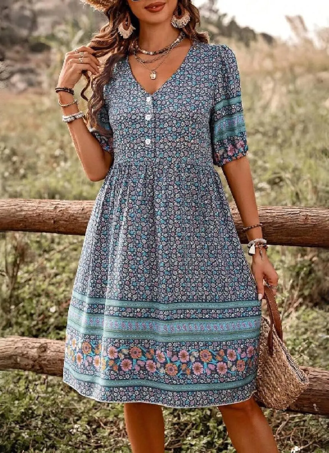 Women's Navy Boho Floral Print Button-Down Midi Dress 2025 Spring Casual Boho Chic Garden Party Wearing Dresses