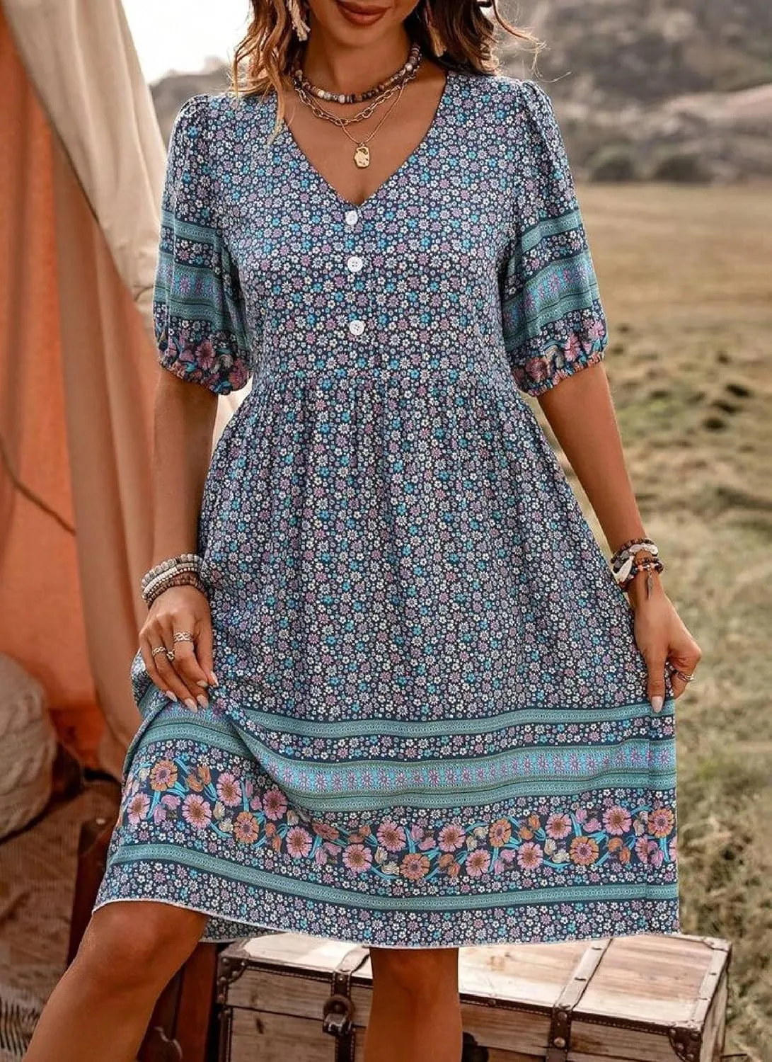 Women's Navy Boho Floral Print Button-Down Midi Dress 2025 Spring Casual Boho Chic Garden Party Wearing Dresses