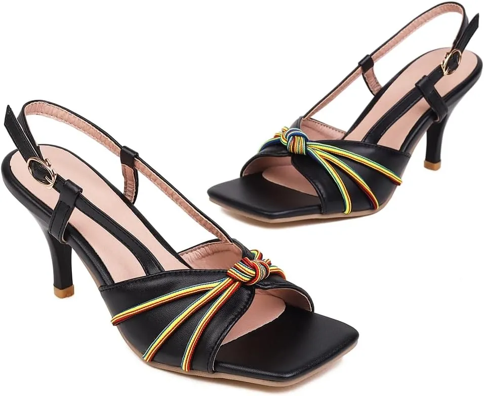 Women's Open Toe Slingback Kitten Heeled Sandals Knot Stilettos High Heels Evening Party Dressy Sandal