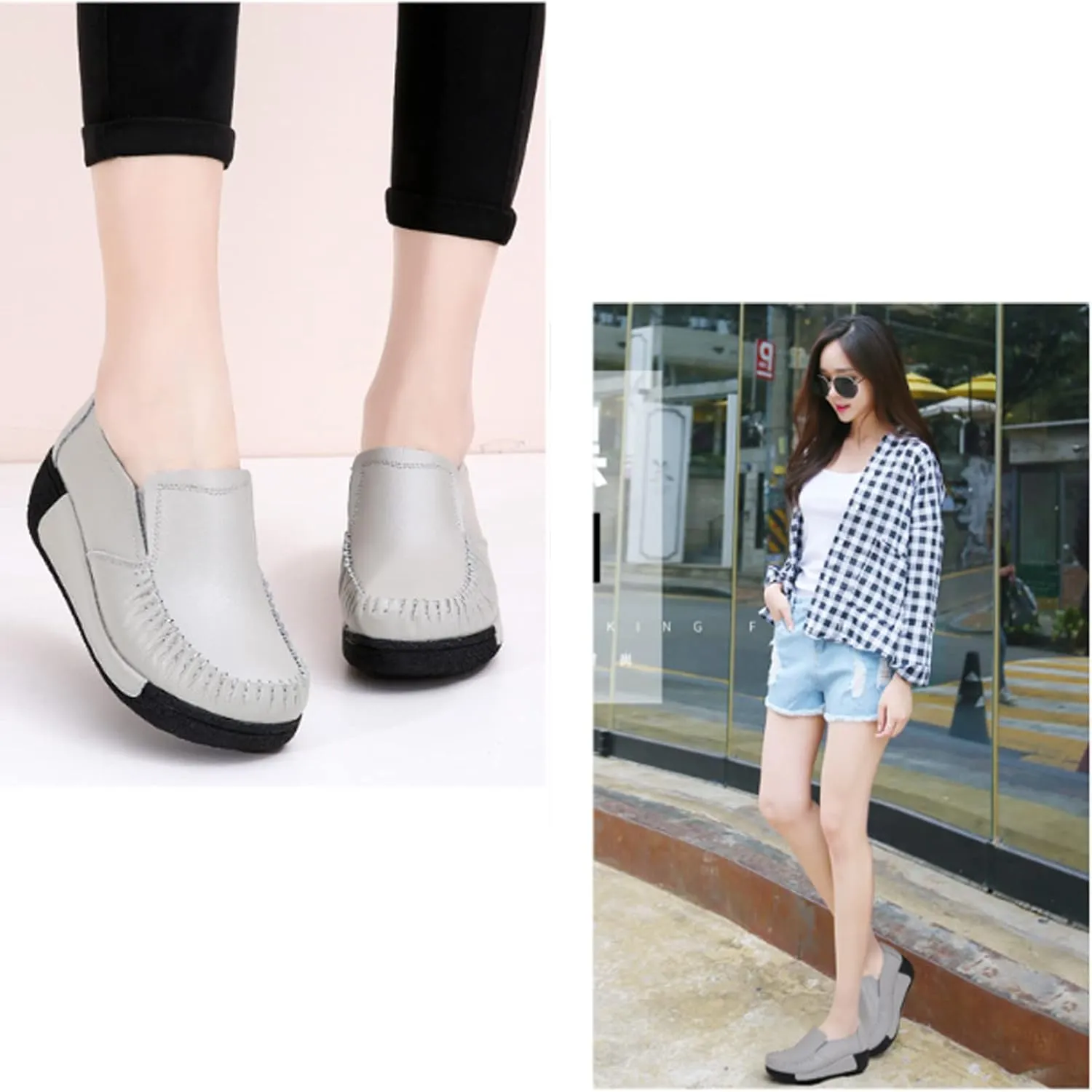 Women's Platform Leather Loafers, Breathable Non-Slip Good Arch Work Nurse Shoes, Rocking Walking Slip-On