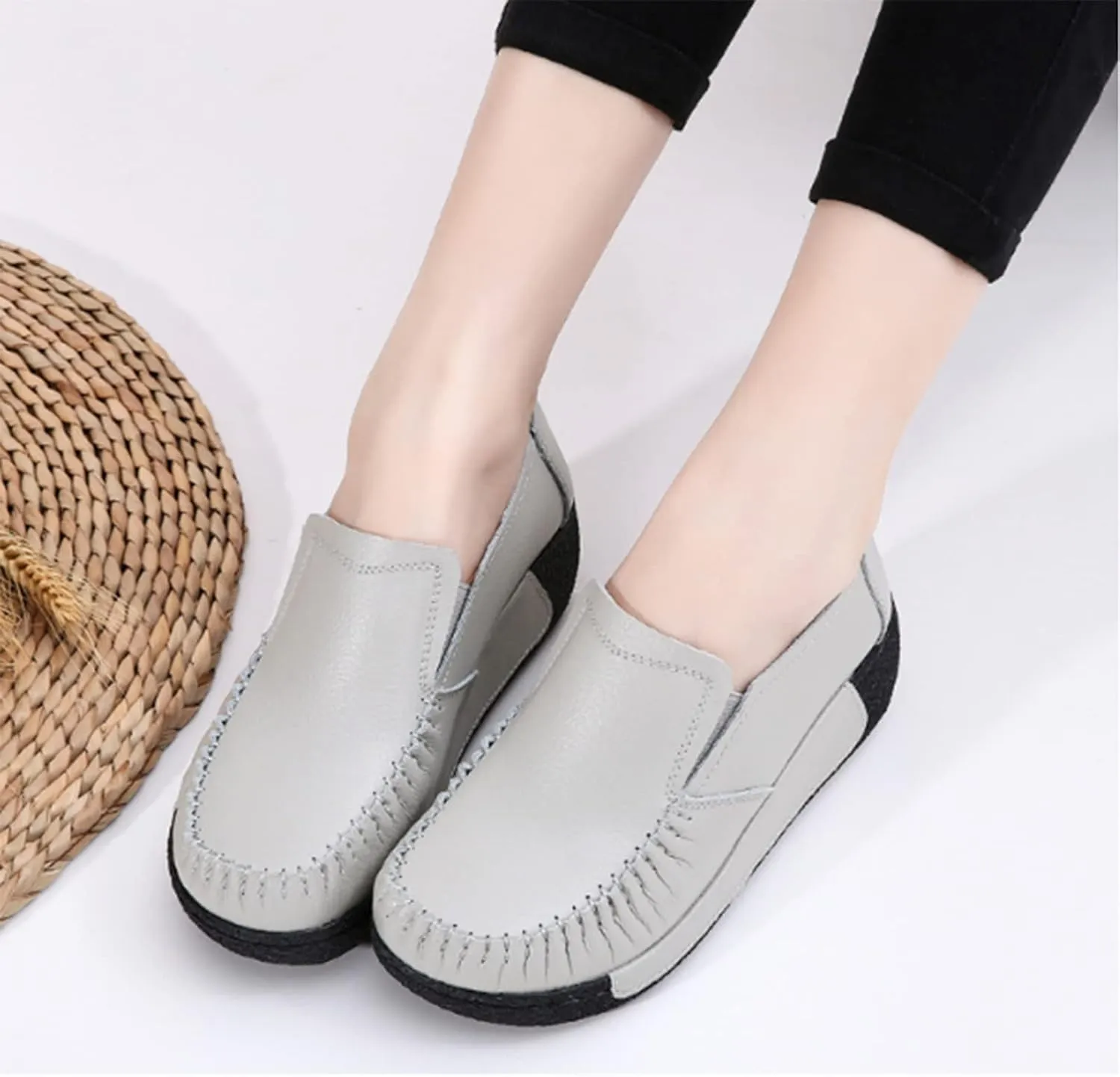 Women's Platform Leather Loafers, Breathable Non-Slip Good Arch Work Nurse Shoes, Rocking Walking Slip-On
