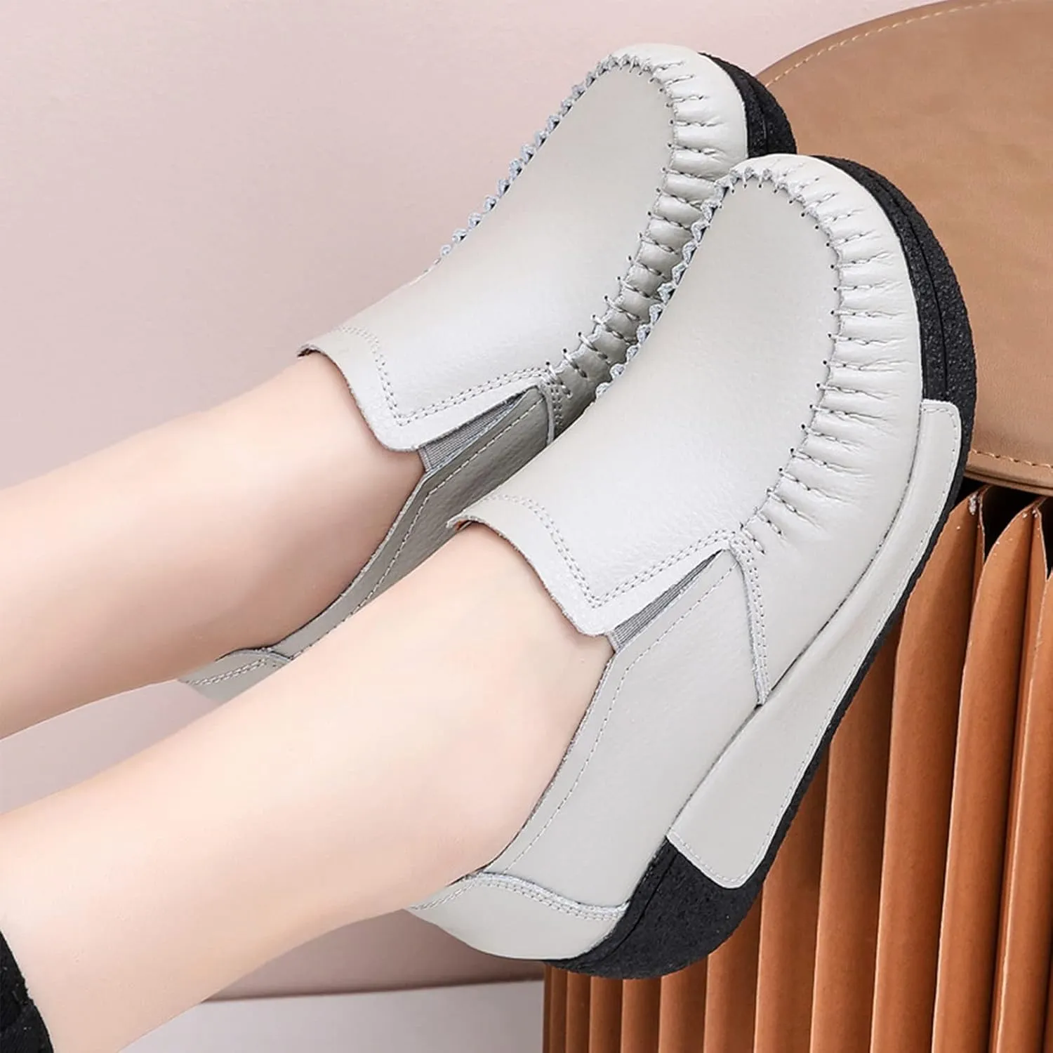Women's Platform Leather Loafers, Breathable Non-Slip Good Arch Work Nurse Shoes, Rocking Walking Slip-On