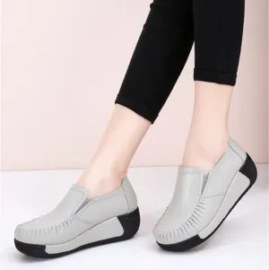 Women's Platform Leather Loafers, Breathable Non-Slip Good Arch Work Nurse Shoes, Rocking Walking Slip-On