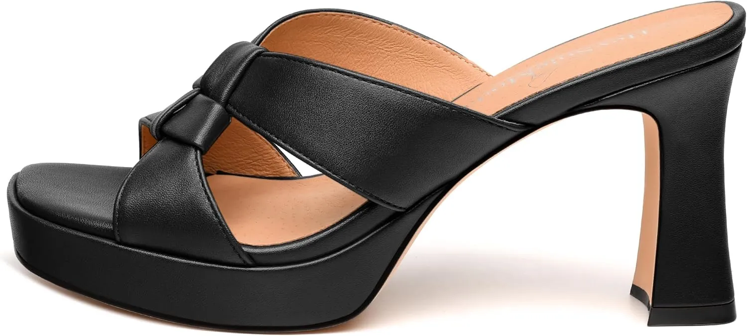 Womens Platform Sandals, Block High Heel Open Toe Slip-on Sandals for Women, Woven Straps Heeled Slippers with Leather Insole 3.3"
