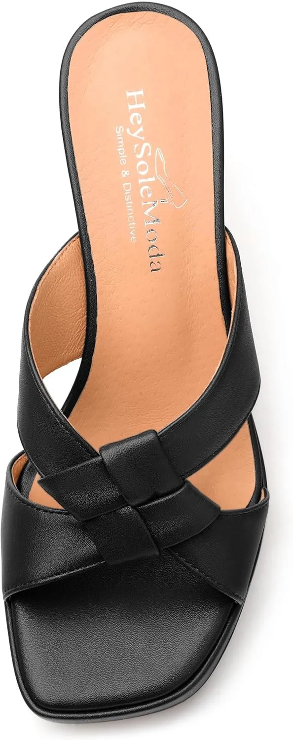 Womens Platform Sandals, Block High Heel Open Toe Slip-on Sandals for Women, Woven Straps Heeled Slippers with Leather Insole 3.3"