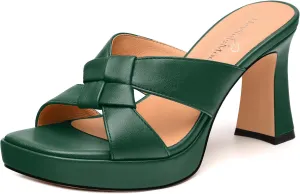 Womens Platform Sandals, Block High Heel Open Toe Slip-on Sandals for Women, Woven Straps Heeled Slippers with Leather Insole 3.3"