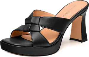 Womens Platform Sandals, Block High Heel Open Toe Slip-on Sandals for Women, Woven Straps Heeled Slippers with Leather Insole 3.3"