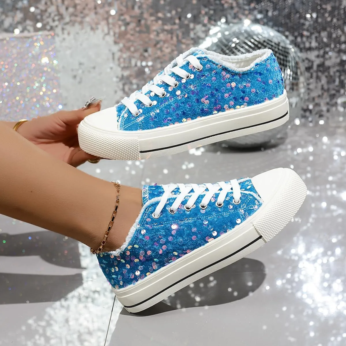 Women's Platform Sneakers – Lightweight Lace-Up Canvas Sneakers with Sequin Embellishment, Anti-Slip Sole & Wear-Resistant Design for Casual & Fall Fashion