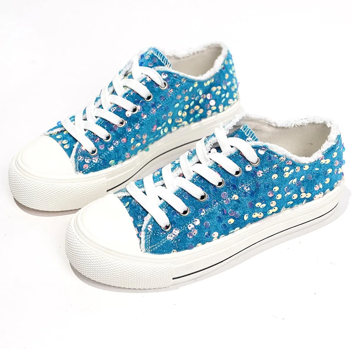 Women's Platform Sneakers – Lightweight Lace-Up Canvas Sneakers with Sequin Embellishment, Anti-Slip Sole & Wear-Resistant Design for Casual & Fall Fashion