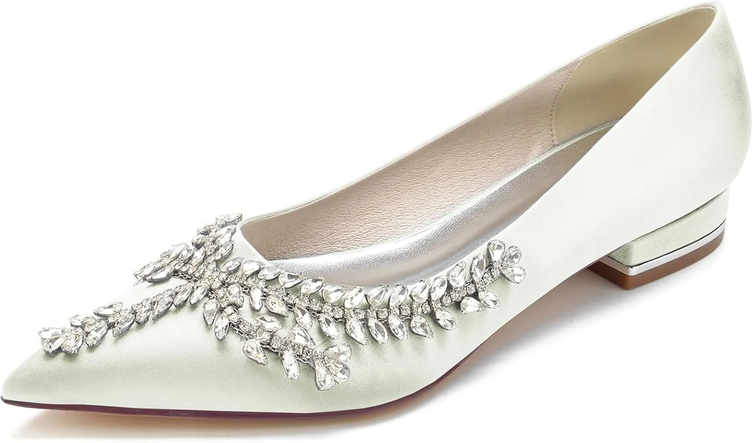 Women's Pointed Toe Bridal Pumps Comfort Satin with Rhinestone Ballet Flats Slip on Wedding Flats Prom Evening Party Dress Shoes