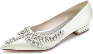 Women's Pointed Toe Bridal Pumps Comfort Satin with Rhinestone Ballet Flats Slip on Wedding Flats Prom Evening Party Dress Shoes