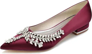 Women's Pointed Toe Bridal Pumps Comfort Satin with Rhinestone Ballet Flats Slip on Wedding Flats Prom Evening Party Dress Shoes