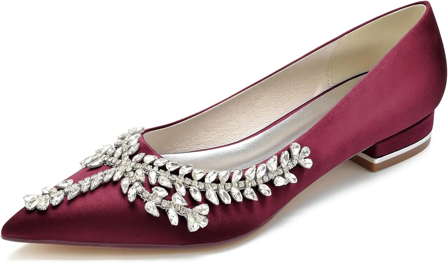 Women's Pointed Toe Bridal Pumps Comfort Satin with Rhinestone Ballet Flats Slip on Wedding Flats Prom Evening Party Dress Shoes